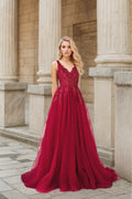 Mysteria  deep V-neck lace soft tulle prom dress colored wedding dress