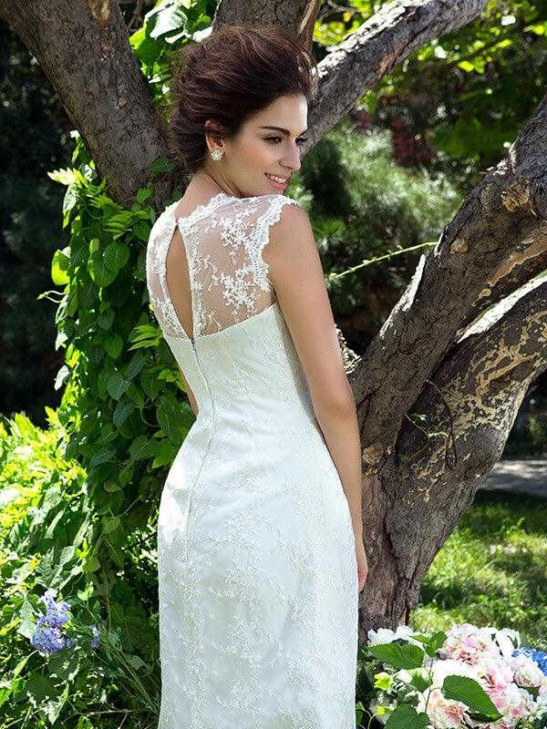 Wedding Dresses Princess Sheer Neck Applique Sleeveless Short Satin