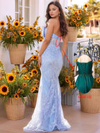 Lace Embroidery Boned Strapless Mermaid Prom Dress With Bow