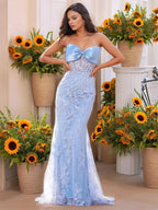 Lace Embroidery Boned Strapless Mermaid Prom Dress With Bow