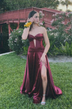 A-line maxi with satin corset strapless neckline and built-in bra slit ball gown