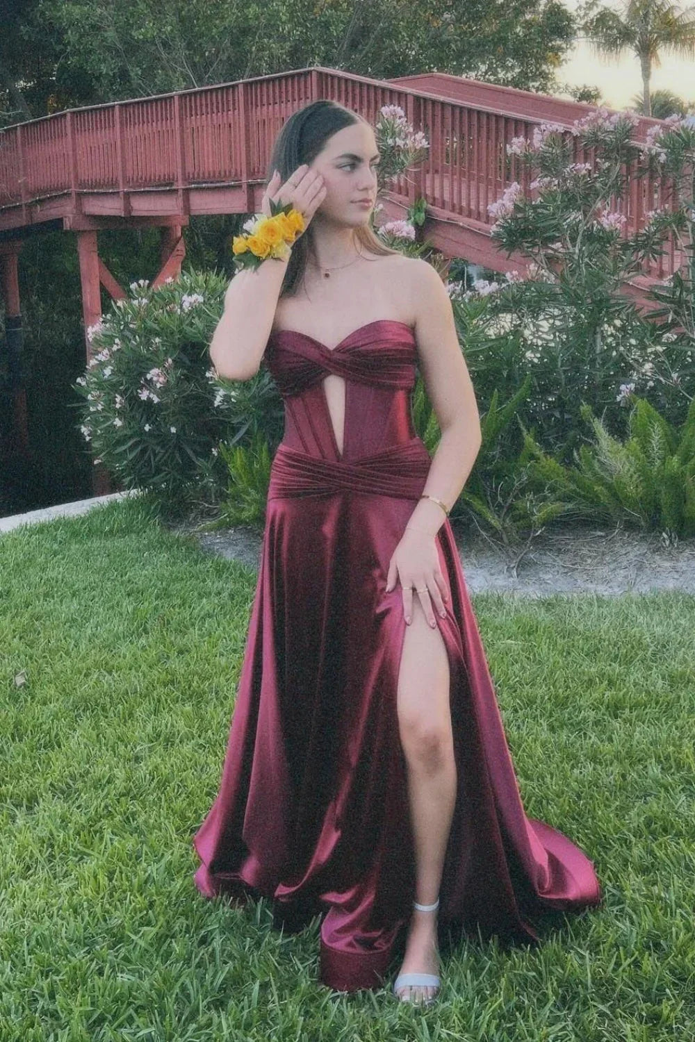 A-line maxi with satin corset strapless neckline and built-in bra slit ball gown
