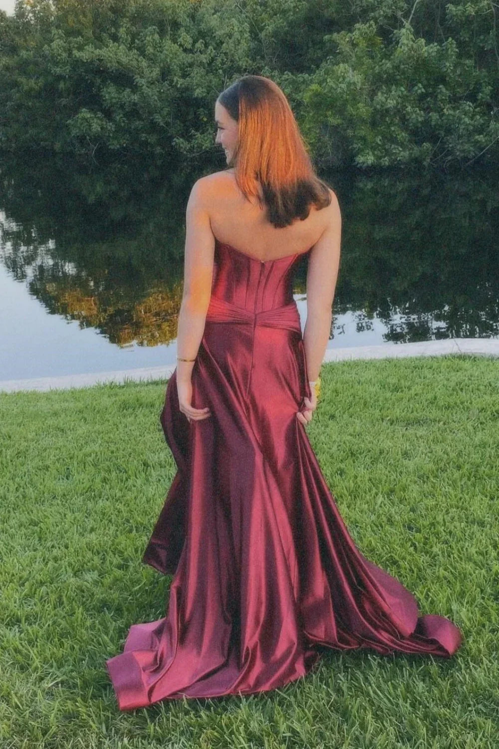 A-line maxi with satin corset strapless neckline and built-in bra slit ball gown