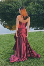 A-line maxi with satin corset strapless neckline and built-in bra slit ball gown