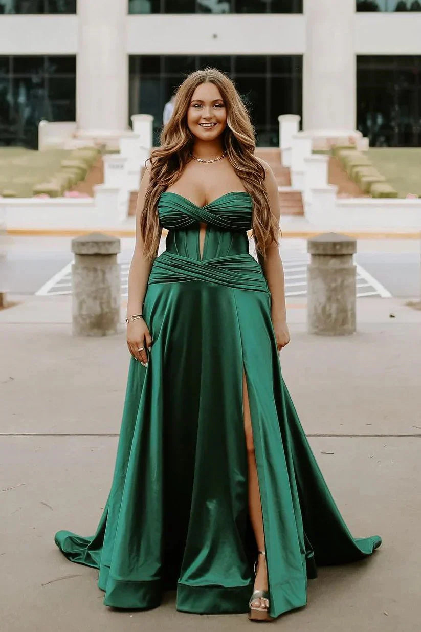A-line maxi with satin corset strapless neckline and built-in bra slit ball gown