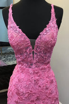 Plunge Neck Appliques Long Dress with Slit
