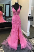 Plunge Neck Appliques Long Dress with Slit