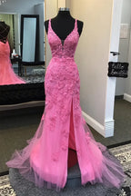 Plunge Neck Appliques Long Dress with Slit