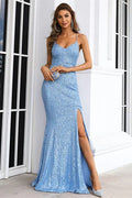 Light Sequin V-Neck Lace-Up Back Mermaid Long Evening Dress