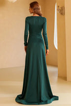 Raspberry V-Neck Long Sleeve A-Line Long Evening Dress