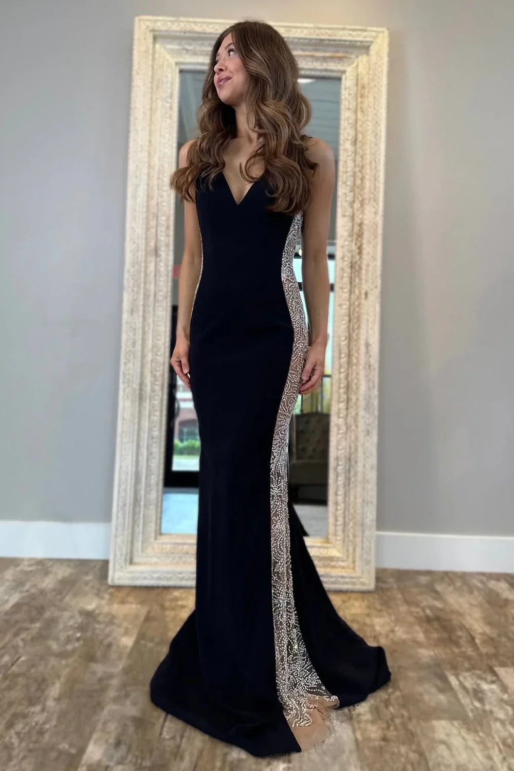 Charming Mermaid V Neck Satin Prom Dresses
