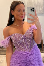 Off the Shoulder Tulle Tiered A-Line Long Corset Prom Dress with Beading