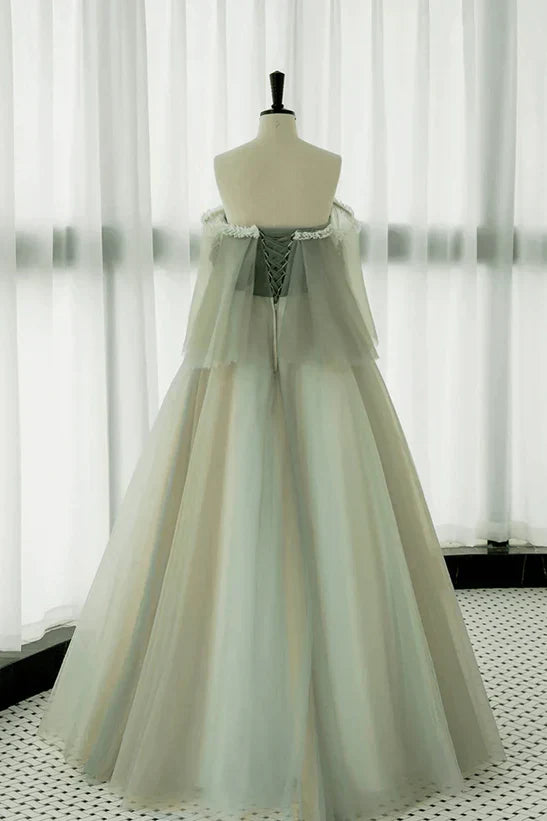 Light Off Shoulder Tulle Long Prom Dress A-line Green Party Dress
