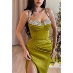 Sweetheart Spaghetti Straps Beaded Pleats with Side Slit Party Prom Evening Dress