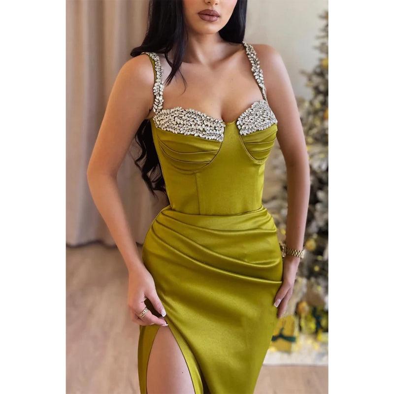 Sweetheart Spaghetti Straps Beaded Pleats with Side Slit Party Prom Evening Dress
