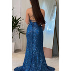 Sparkly Bateau Spaghetti Straps with Side Slit Party Prom Evening Dress