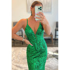 Plunging V-neck Green Sequins Long Prom Dress Glitter