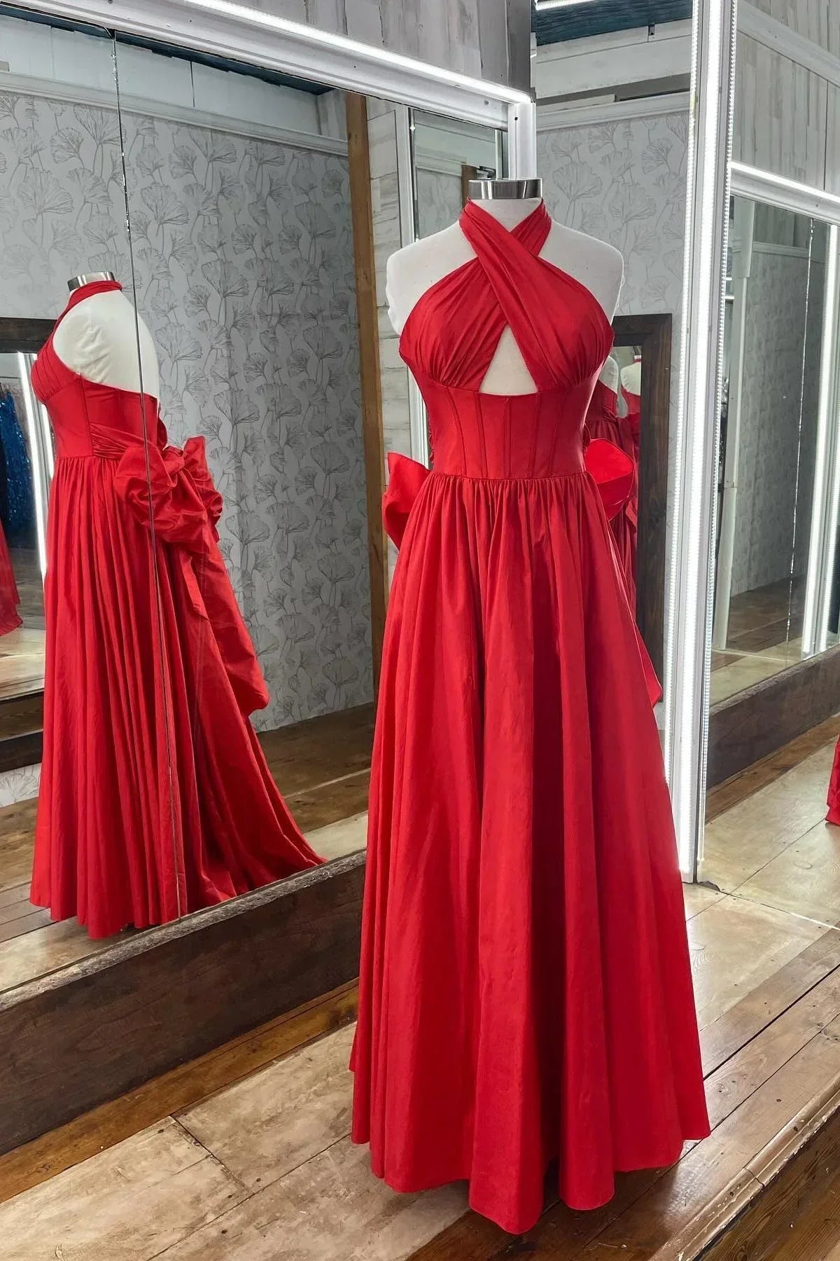 A-line Long  Evening Dress Halter Taffeta with Bow