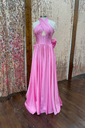 A-line Long  Evening Dress Halter Taffeta with Bow