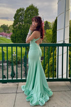V  Satin Mermaid Long Prom Dress with Cross Back