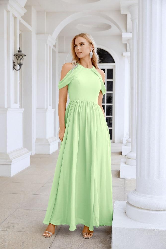 Ladies Chiffon Off Shoulder Swing Sleeve Front Slit Bridesmaid Evening Dress Wedding Party Evening Dress 28117