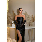Trapless Ruched Satin Sheath Long Prom Evening Gown with Slit
