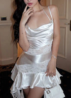 Chic White Asymmetrical Lace Patchwork Strap Dress Sleeveless