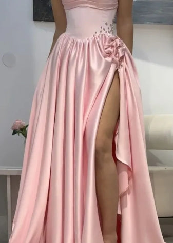 Vintage Strapless  Prom Dress with Corset Bodice High Slit 3D Floral