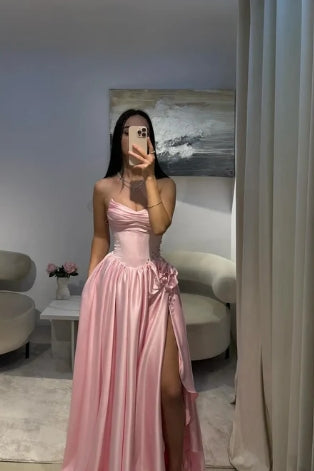 Vintage Strapless  Prom Dress with Corset Bodice High Slit 3D Floral