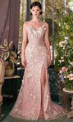 Artistic Appliqued V-Neck Tulle Sweep/Brush Train Prom Gown