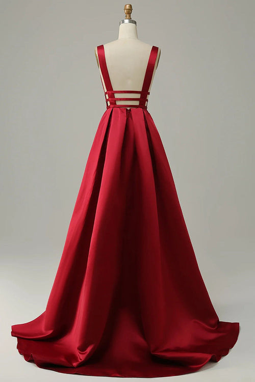 A Line Deep V Neck Red Long Prom Dress with Backless