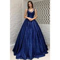 Sexy V-neck Royal Blue Sparkly Prom Ball Gown with Pockets