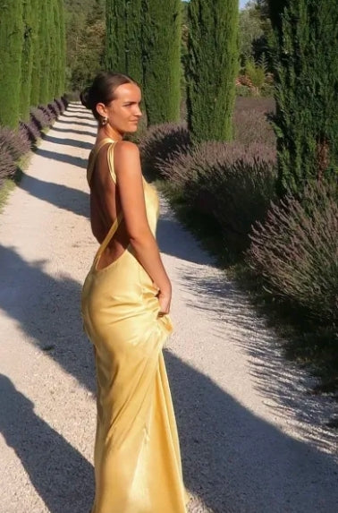 Sexy Open Silk Back One Shoulder Backless Maxi Dress