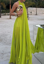 Chic Halter Ruched/Pleats Maxi Prom Dresses