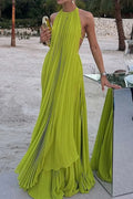 Chic Halter Ruched/Pleats Maxi Prom Dresses