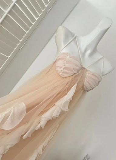 Romantic A Line Spaghetti Straps Sleeveless Tulle Ruffles Prom Dresses Formal Dress