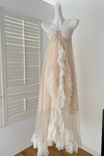 Romantic A Line Spaghetti Straps Sleeveless Tulle Ruffles Prom Dresses Formal Dress