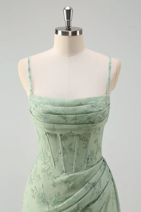 Artistic Floral Corset Ruched Long Prom Dress with Slit