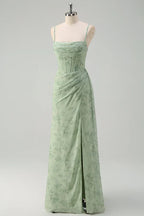 Artistic Floral Corset Ruched Long Prom Dress with Slit