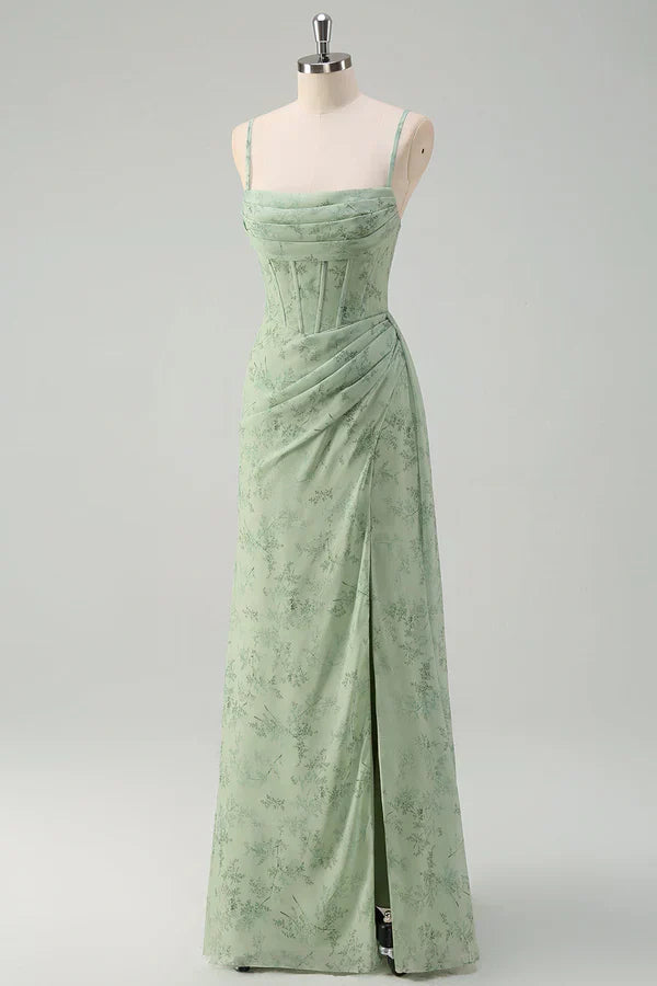 Artistic Floral Corset Ruched Long Prom Dress with Slit