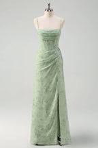 Artistic Floral Corset Ruched Long Prom Dress with Slit