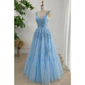 Tulle A-line V-neck Spaghetti Straps Lace Applique Beaded Party Prom Evening Dress