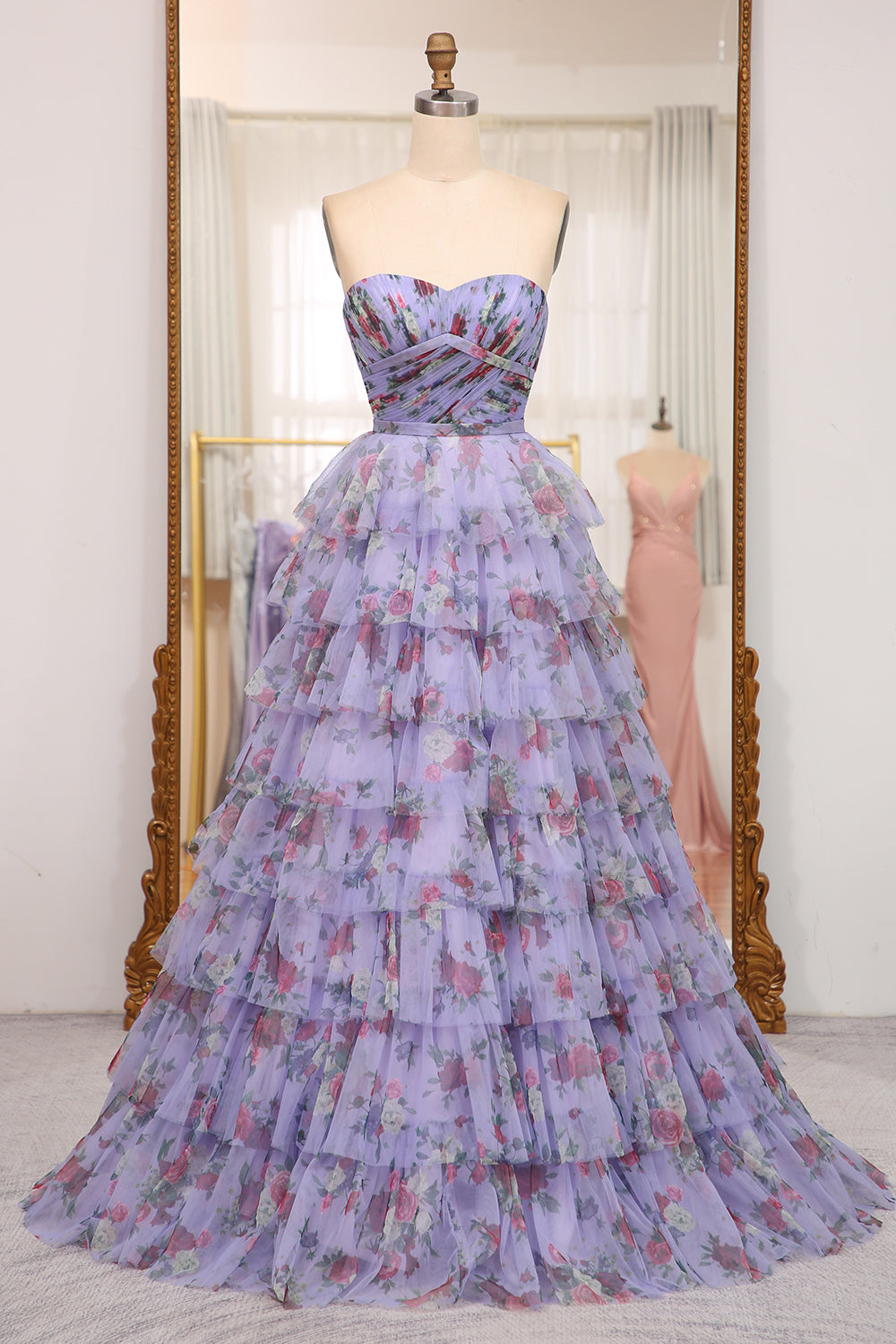 Charming A Line Off the Shoulder Blue Printed Long Prom Dress with Ruffles
