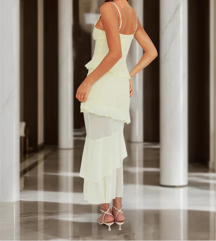 Chic Sheath/Column Straps V-Neck Rosette Maxi Dress Long Prom Dresses with Ruffles