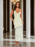 Chic Sheath/Column Straps V-Neck Rosette Maxi Dress Long Prom Dresses with Ruffles