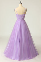 A Line Spaghetti Straps Light Purple Long Prom Dress