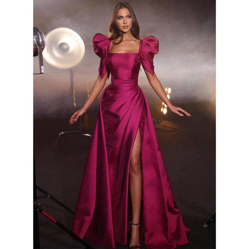 Unique Square Neckline Short Sleeves Satin Pleats Mermaid Formal Party Dress with Slit