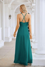 Ladies Chiffon Spaghetti Strap V Neck Front Slit Floor Length Bridesmaid Evening Dress Prom Party Wedding Evening Dress 28116