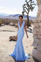 Elegant Sleeveless V Neck Backless Lace Brush Train Prom Dresses