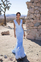 Elegant Sleeveless V Neck Backless Lace Brush Train Prom Dresses